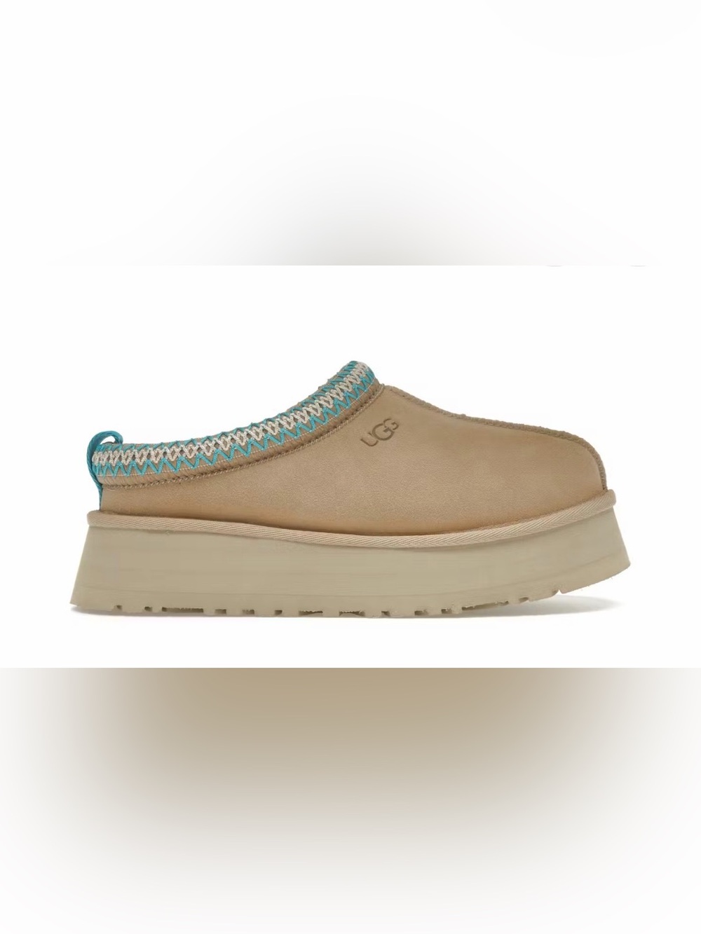 UGG Tan Mule with Turquoise and Cream Stitching Sz 5